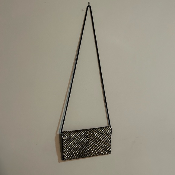 Sequined Black Satin Envelope Clutch w. Strap Evening Bag Purse Fashion Imports - Picture 4 of 5